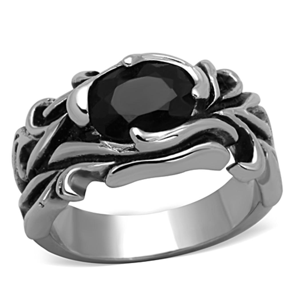 JCE1355 High polished (no plating) Stainless Steel Ring with Synthetic Synthetic Glass in Jet