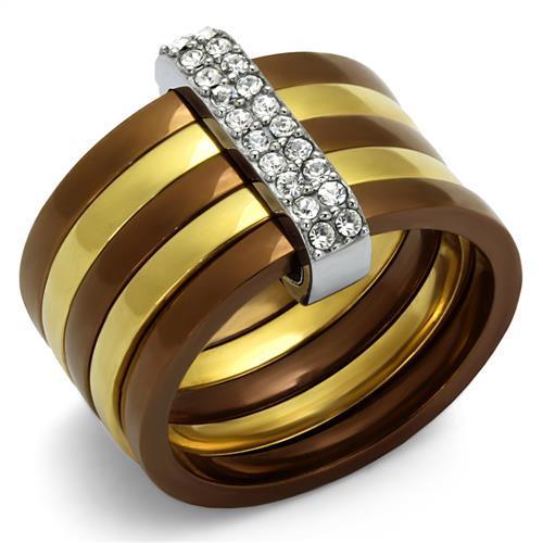JCE2601 Three Tone IP+»-+-åIP Gold & IP Light coffee & High Polished) Stainless Steel Ring with Top Grade Crystal  in Clear