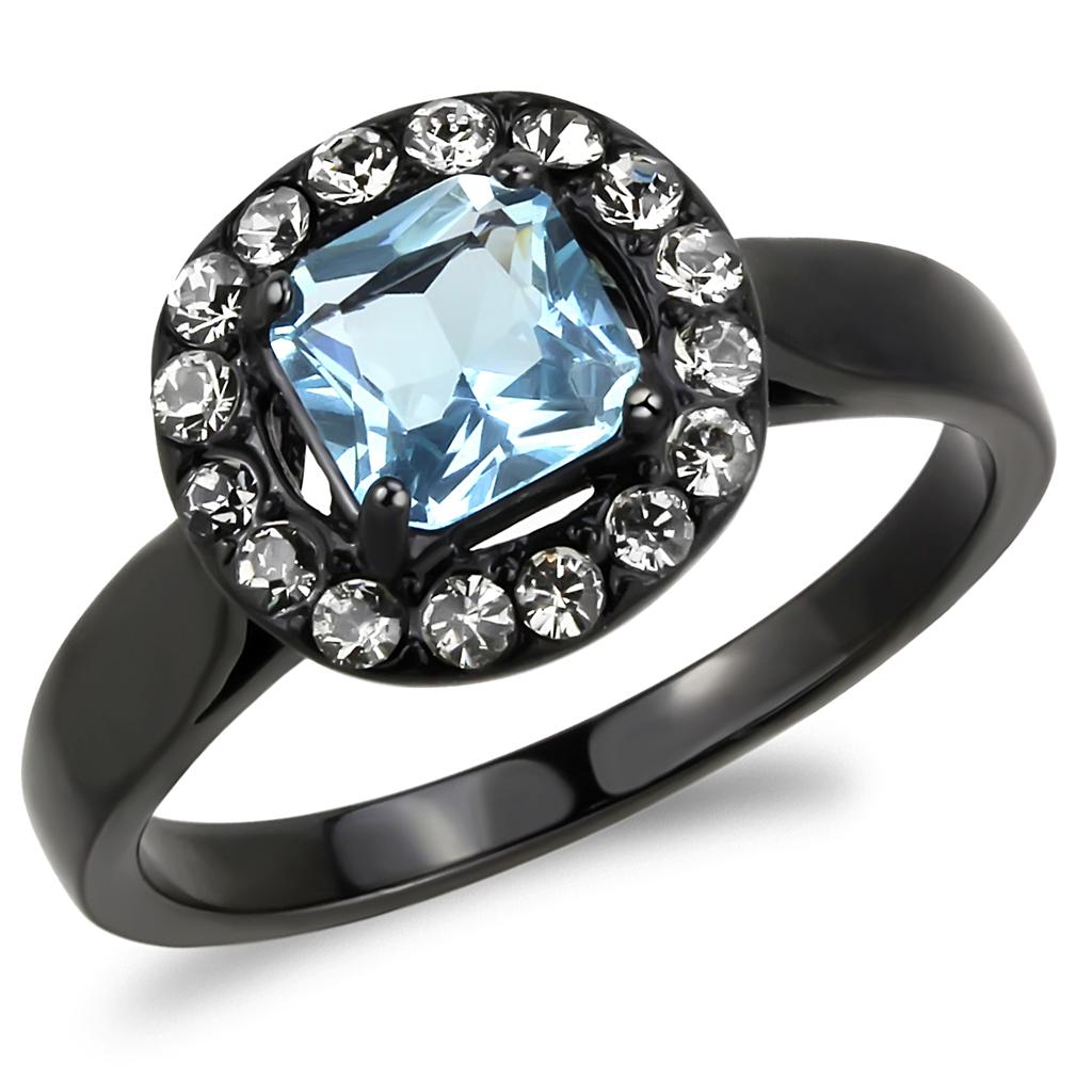 JCE3443 IP Black(Ion Plating) Stainless Steel Ring with Synthetic Synthetic Glass in Sea Blue